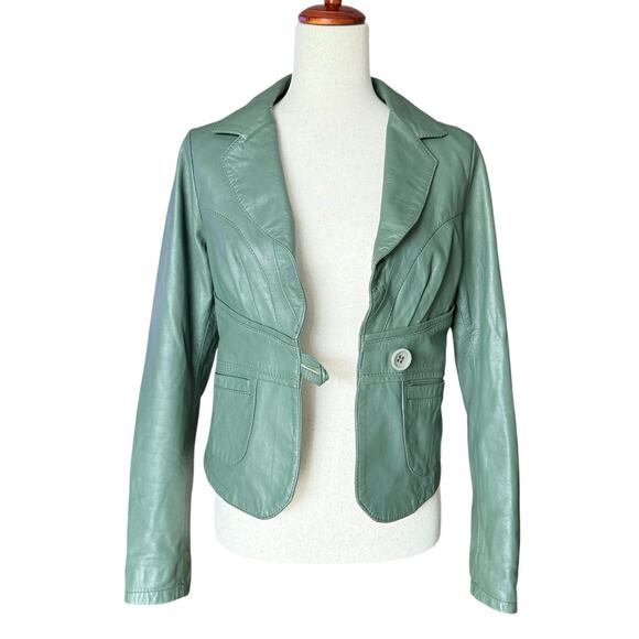 Italian Green Leather Blazer Jacket Women’s EU 44 US 6 - 8) Coat Lined - Picture 5 of 10